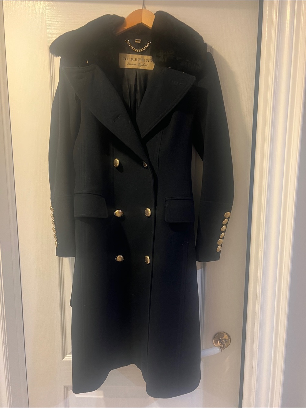 Burberry Black Double-Breasted Wool Pea Coat with Fur Collar - Picture 1 of 8